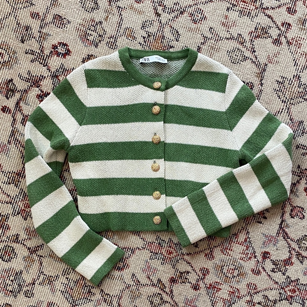 Zara Green and Cream Striped Crop Cardigan